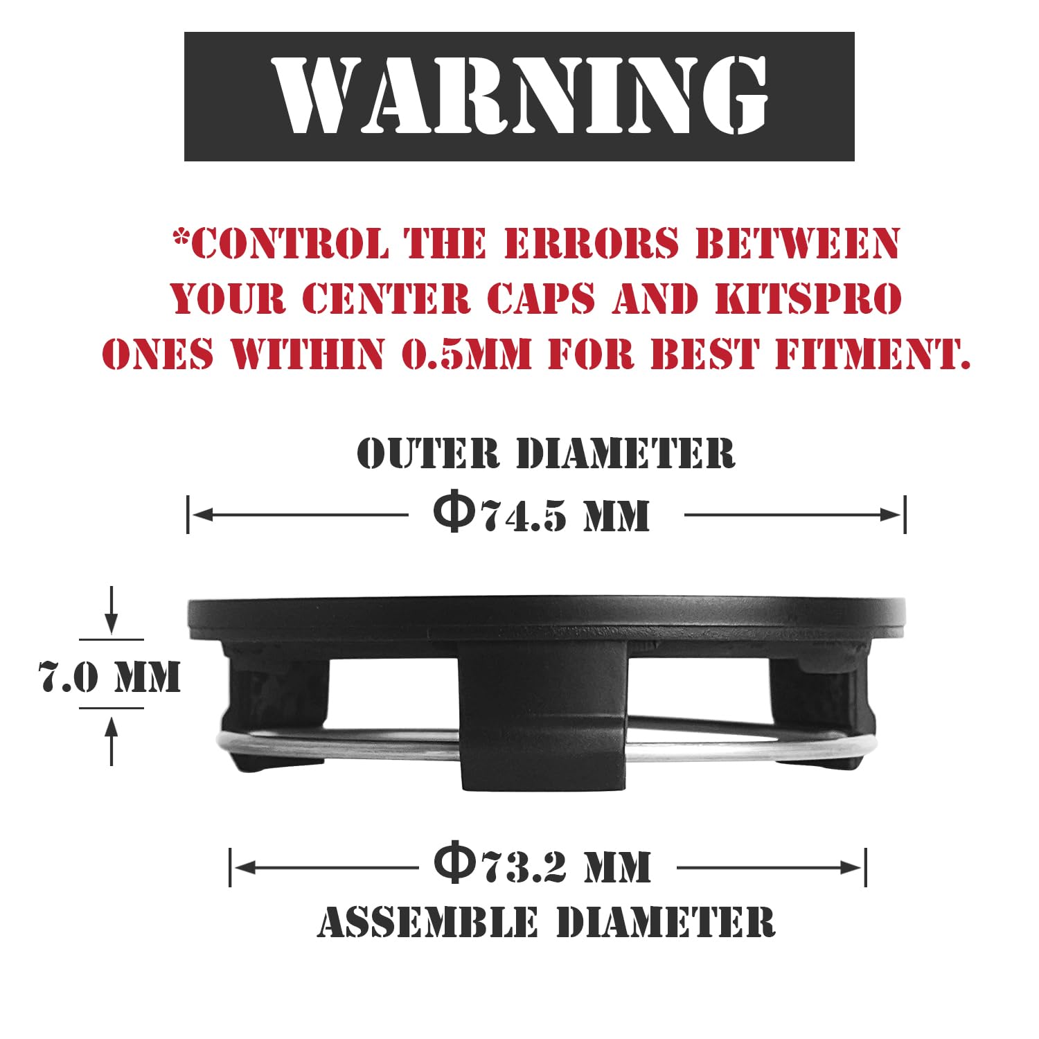 Kitspro 2.9Inch 75Mm Wheel Center Caps, Pack Of 4 (Matte Black, Outer 75Mm, Inner 73Mm)