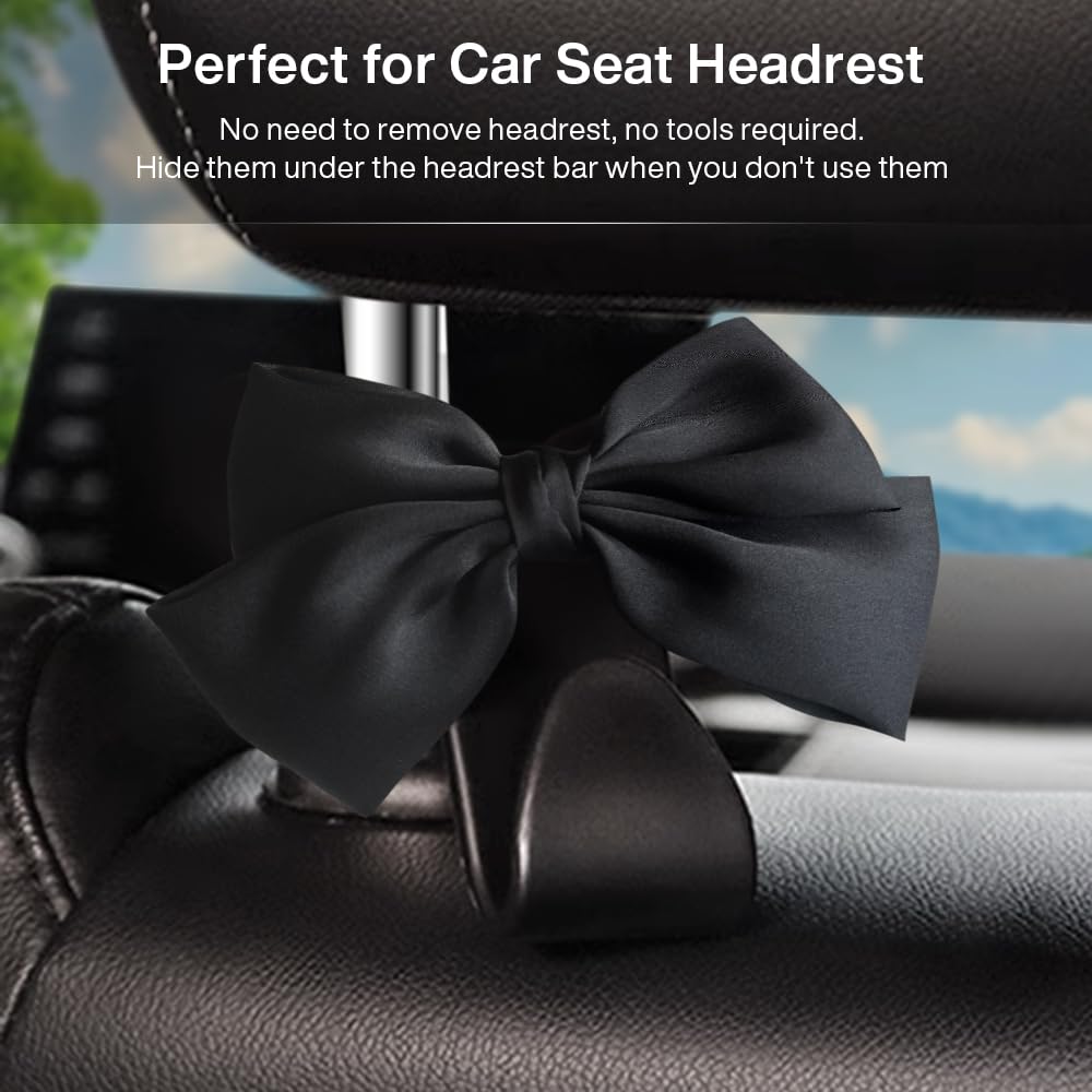 LIFOPY 2 Pack Car Purse Hooks, Cute Bow Car Seat Headrest Hook Hanger for Purses and Bags, Space-Saving Car Accessory (Black sil