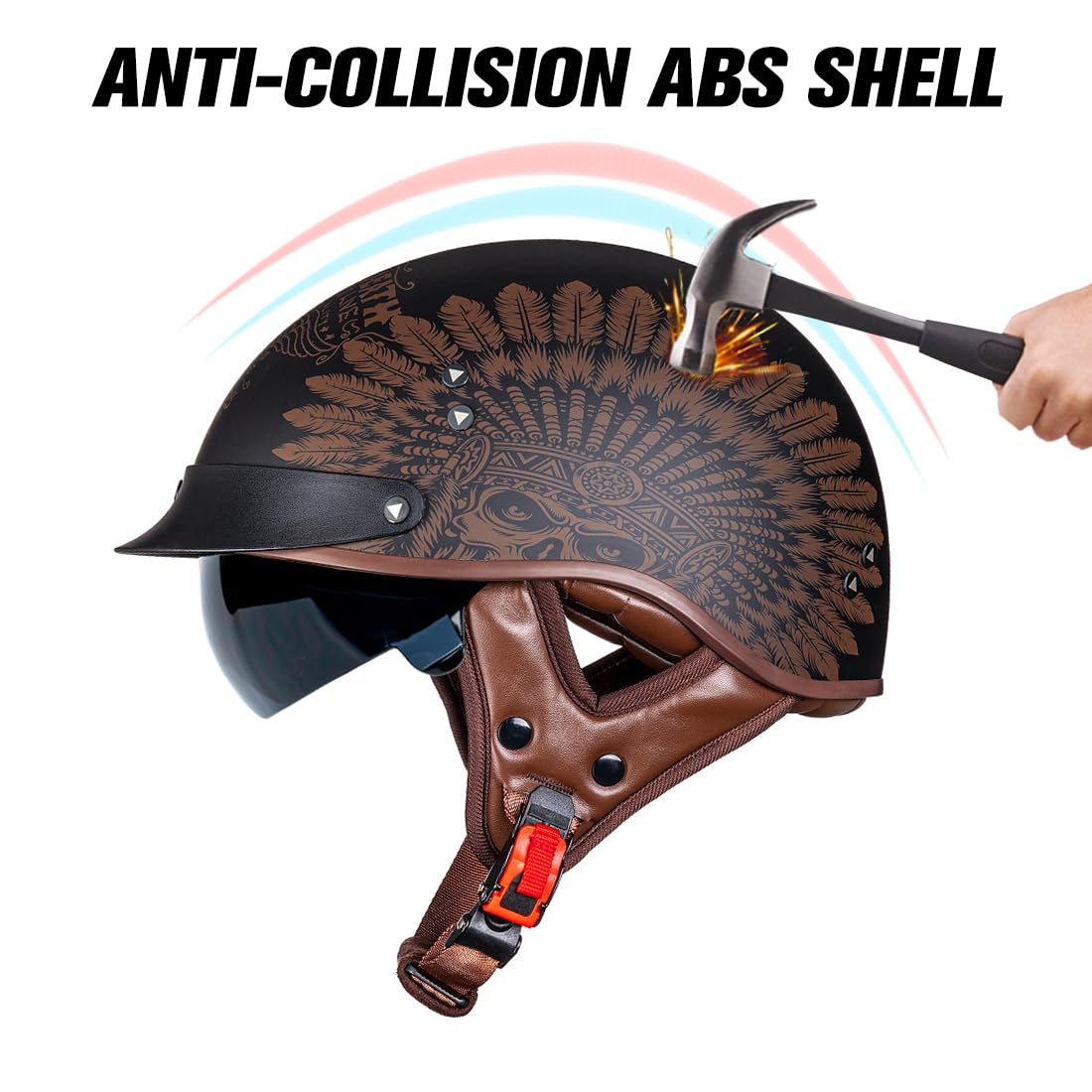 Vcoros Motorcycle Half Helmet Sun Visor Quick Release Buckle Dot Approved Half Face Helmets For Men Women (Indian, L)