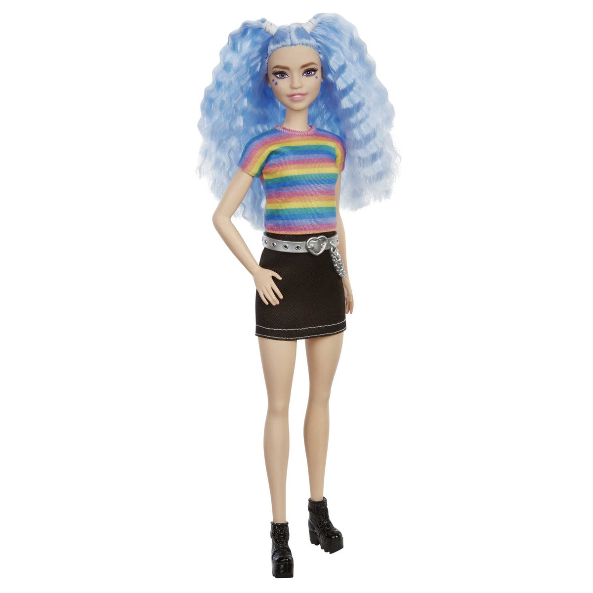Barbie Fashionistas Doll With Long Blue Crimped Hair, Star Face Makeup, Multi-Color Striped Tee, Denim Skirt, Black Boots & Silv