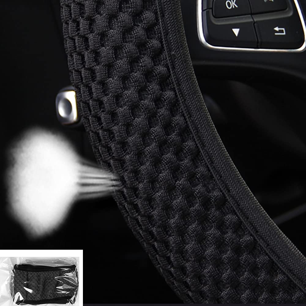 Mrtioo Breathable Stretch Elastic Steering Wheel Cover, Soft Microfiber Ice Silk Cloth Fabric, Hot And Cold Universal 14.5-15 In, Fit Suvs, Vans, Sedans, Cars, Trucks (B-Black Classic)