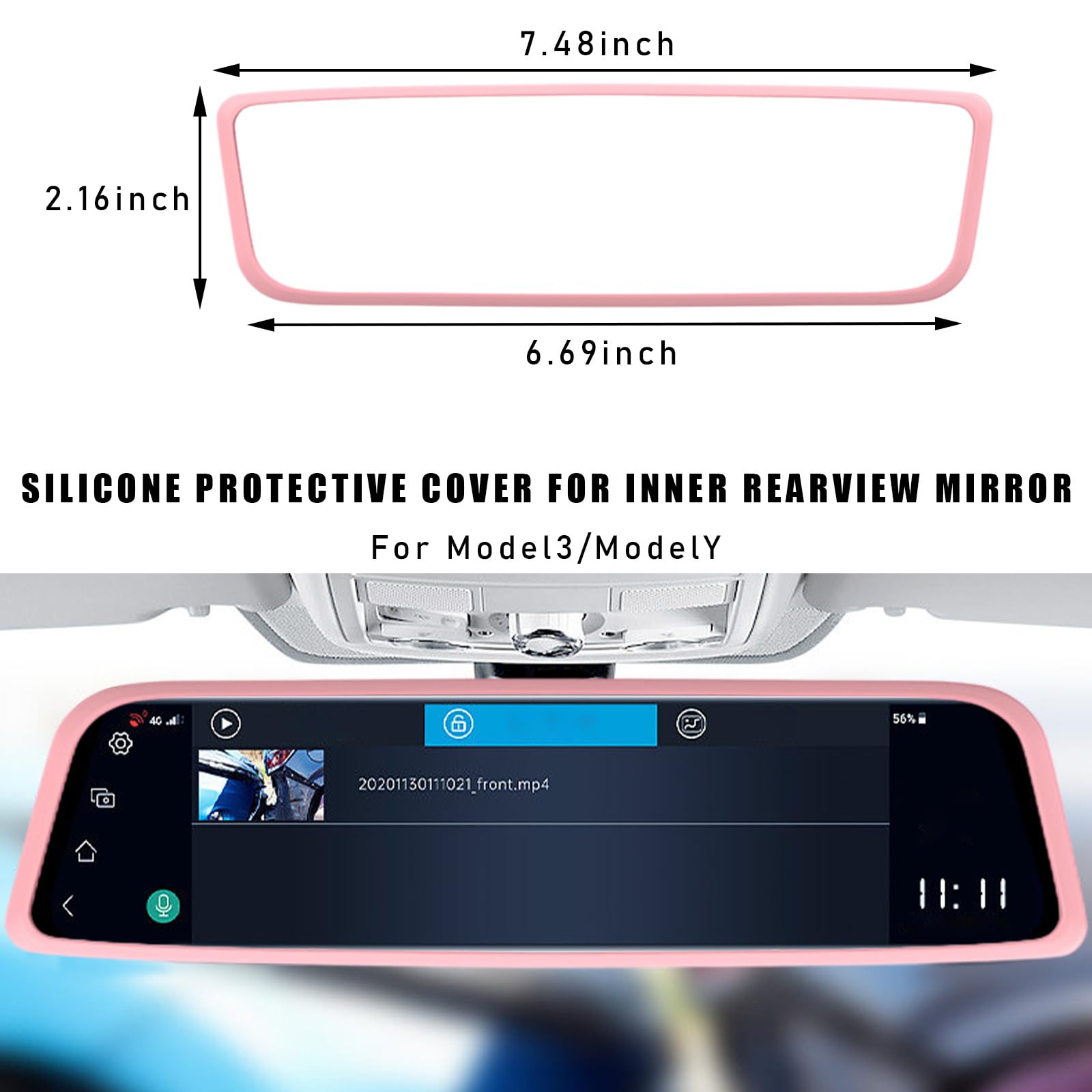 Suvnie Car Rear View Mirror Protector Frame, Silicone Auto Rearview Mirror Edge Protective Cover Compatible With Model 3 Y, Car Interior Rearview Mirror Decor Accessories (Pink)