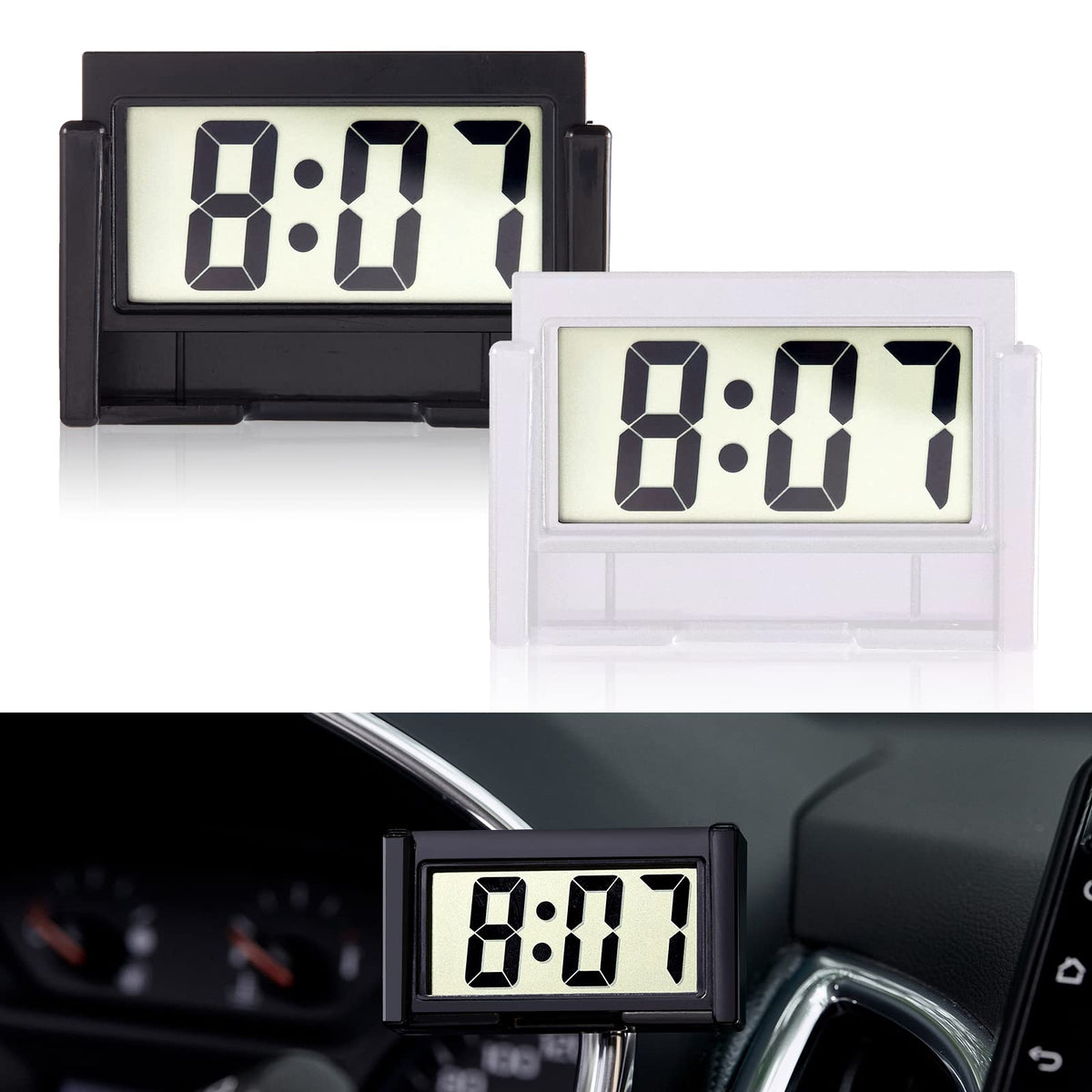 KANBIT Small Digital Car Dashboard Clock Battery Operated 2 Pieces Big Clear LCD Time Display with Strong Adhesive Mini Stick On