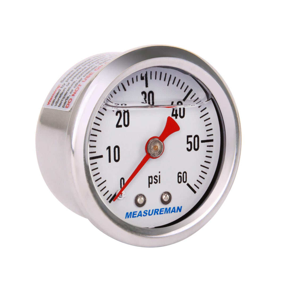 Measureman 1.5'' Dial Size, 304 Stainless Steel Case, Liquid Filled Fuel Pressure Gauge, 0-60Psi, 3-2-3%, 1/8'' Npt Center Back 