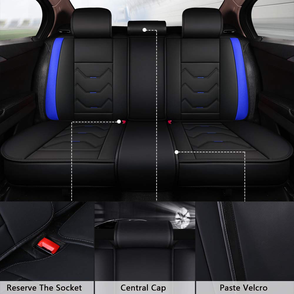 Otoez Universal Leather Car Seat Covers 5 Seat Full Set Automotive Seat Protector Replacement Compatible With Most Honda Toyota Chevy Ford Nissan Vehicles, Trucks, Suvs(Blue+Black,No Pillows)
