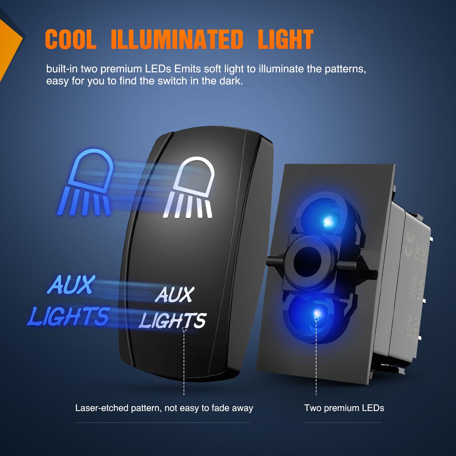 Nilight Aux Lights Rocker Switch Led Light Bar Switch 5 Pin Laser On Off SPST switches 20A/12V 10A/24V Switch Blue with Jumper W