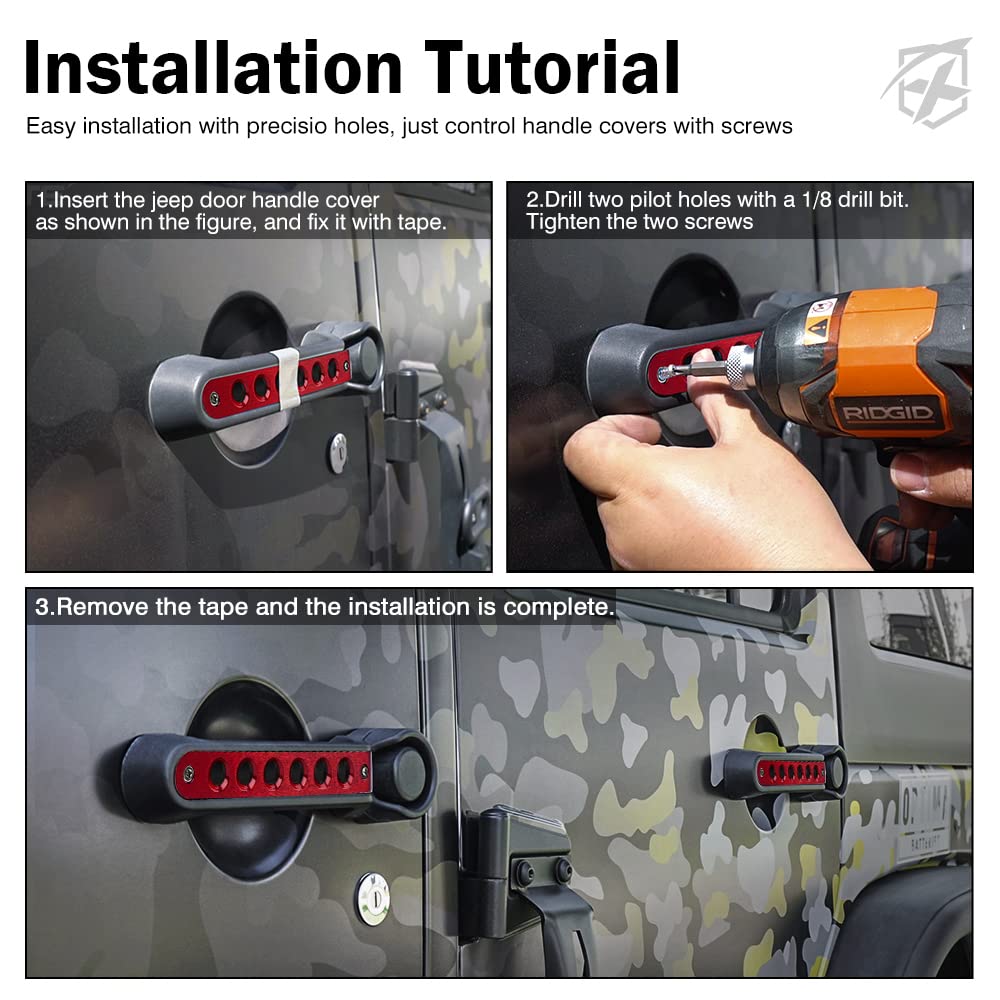 Xprite 5PCS Brushed Aluminum Side Door Handle Inserts & Cover Trim Compatible with 2007-2018 Jeep Wrangler JK JKU Unlimited Sahara Rubicon 4 Door- Durable, Stylish Exterior Decoration(Red)