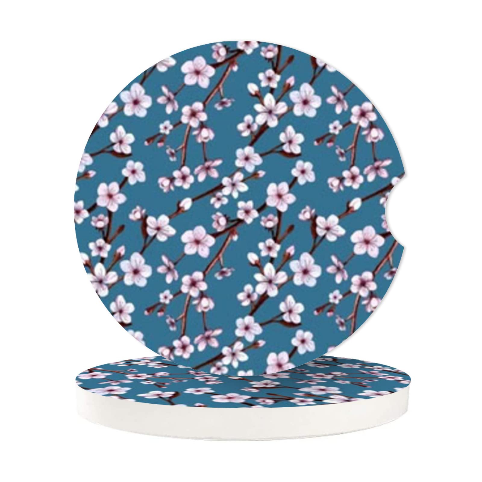 Pink Cherry Blossoms Absorbent Car Cup Coasters,Cup Holders,Cork Base Drink Coasters With Finger Notch For Easy Move Of Car Cup
