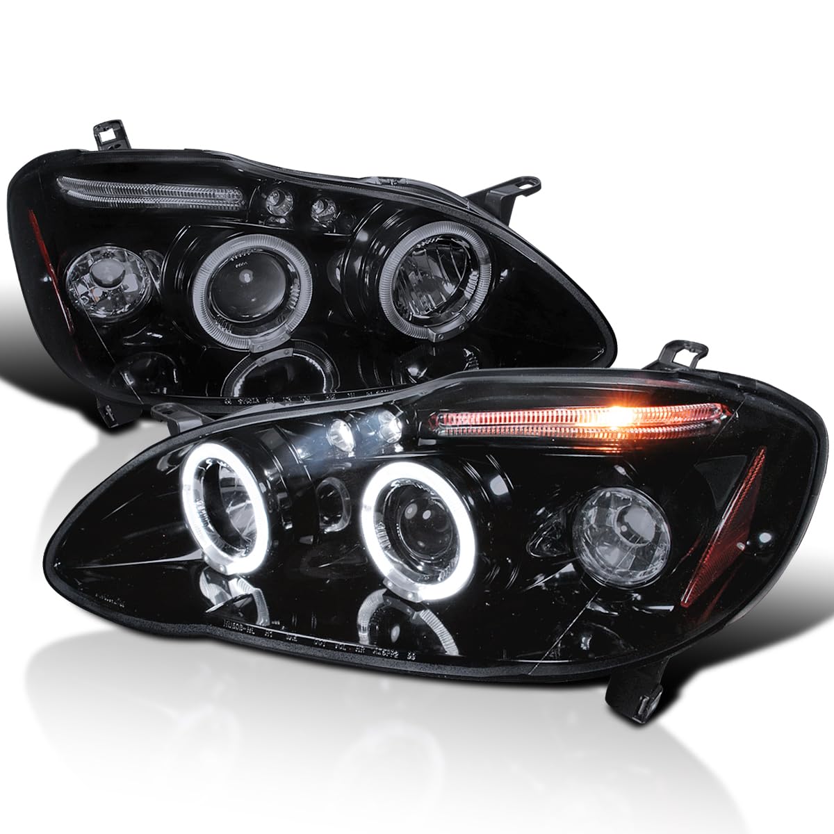 Spec-D Tuning Halo Led Smoke Lens Glossy Black Housing Projector Headlights Compatible With 2003-2008 Toyota Corolla, Left + Rig