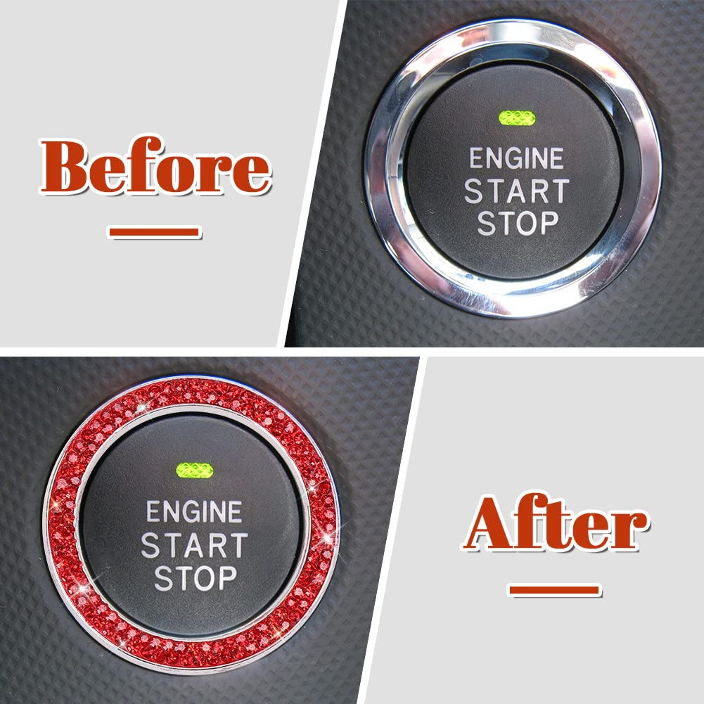 Tobequeen Red Push Start Button Bling Car Accessiries,Crystal Rhinestone Start Engine Car Bling Ring Emblem Sticker Interior Decoration,Push To Start Button Cover/Sticker,Key Ignition & Knob Ring,Red