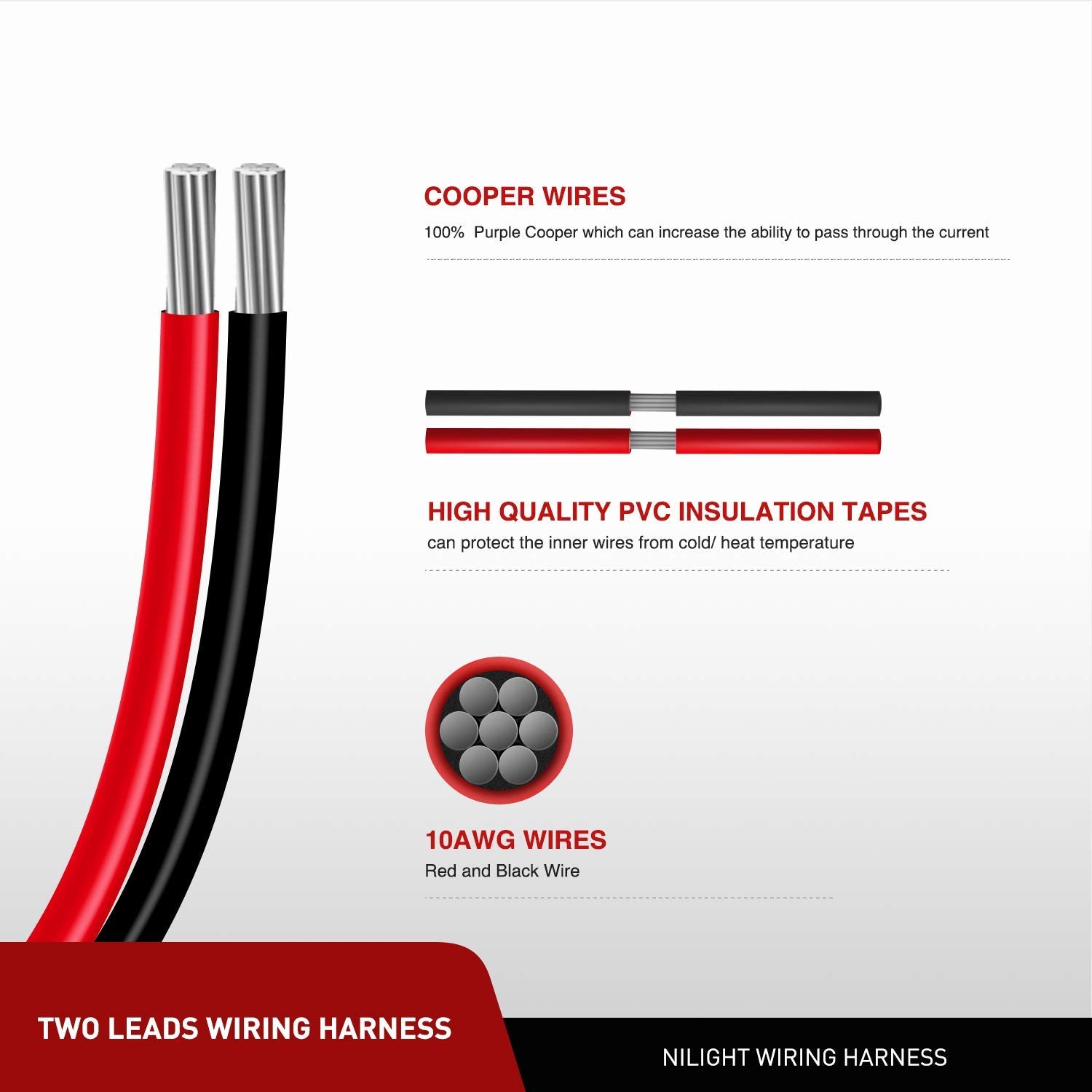 Nilight 10 Gauge 2 Pin Quick Disconnect Harness,Heavy Duty Sae Connector Bullet Lead Cable