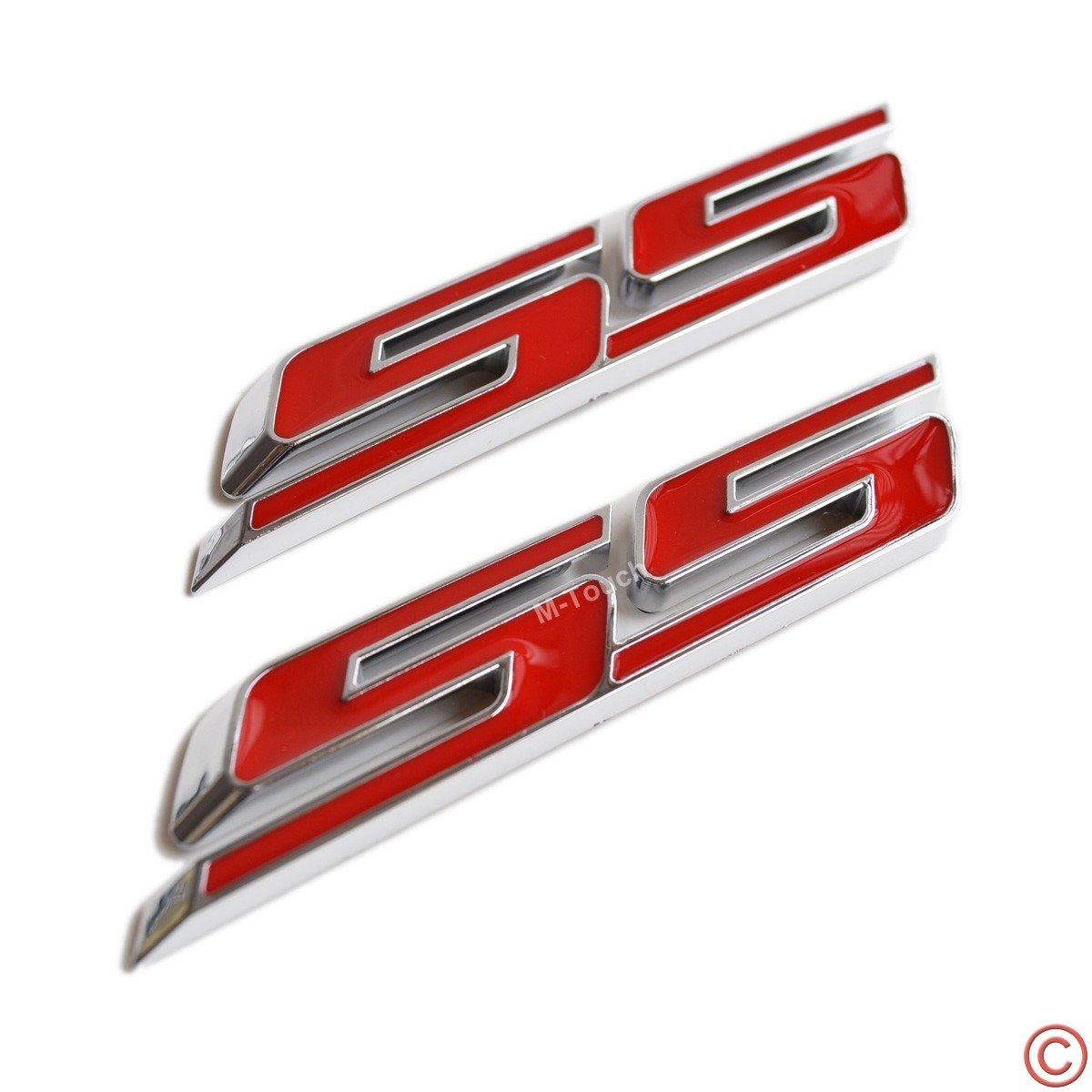 (3 Pieces) Small Slant Ss Grill Side Trunk Emblem Badge Decal With Sticker For Chevy Impala Cobalt Camaro 2010-2016 [Red Letter