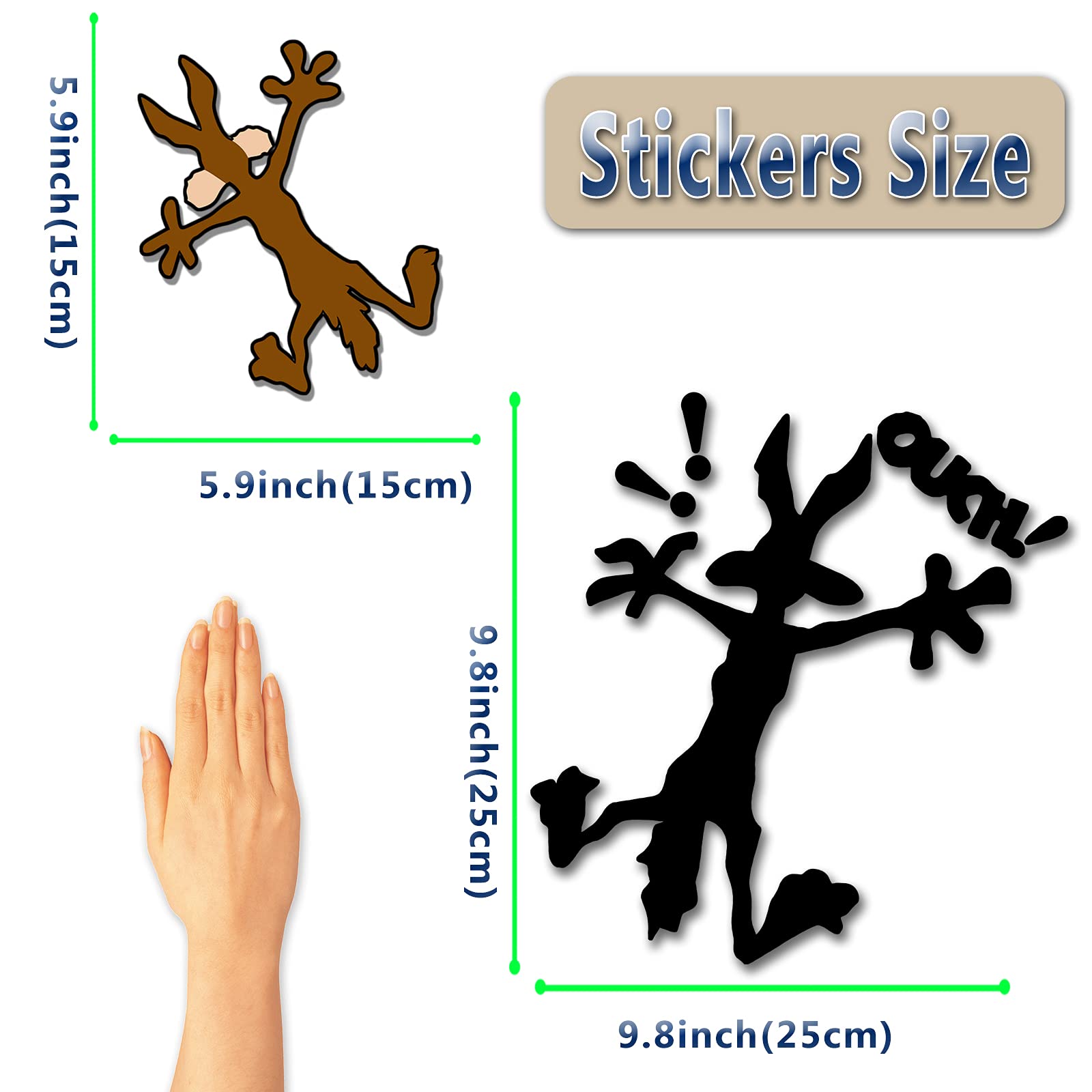 2 Pcs 9.8' 5.9' Reflective Dent Fix Car Decal, Cartoon Coyote Splat Hitting Wall Door Cars Laptop Truck Bumper Window Decal Bandaid Sticker