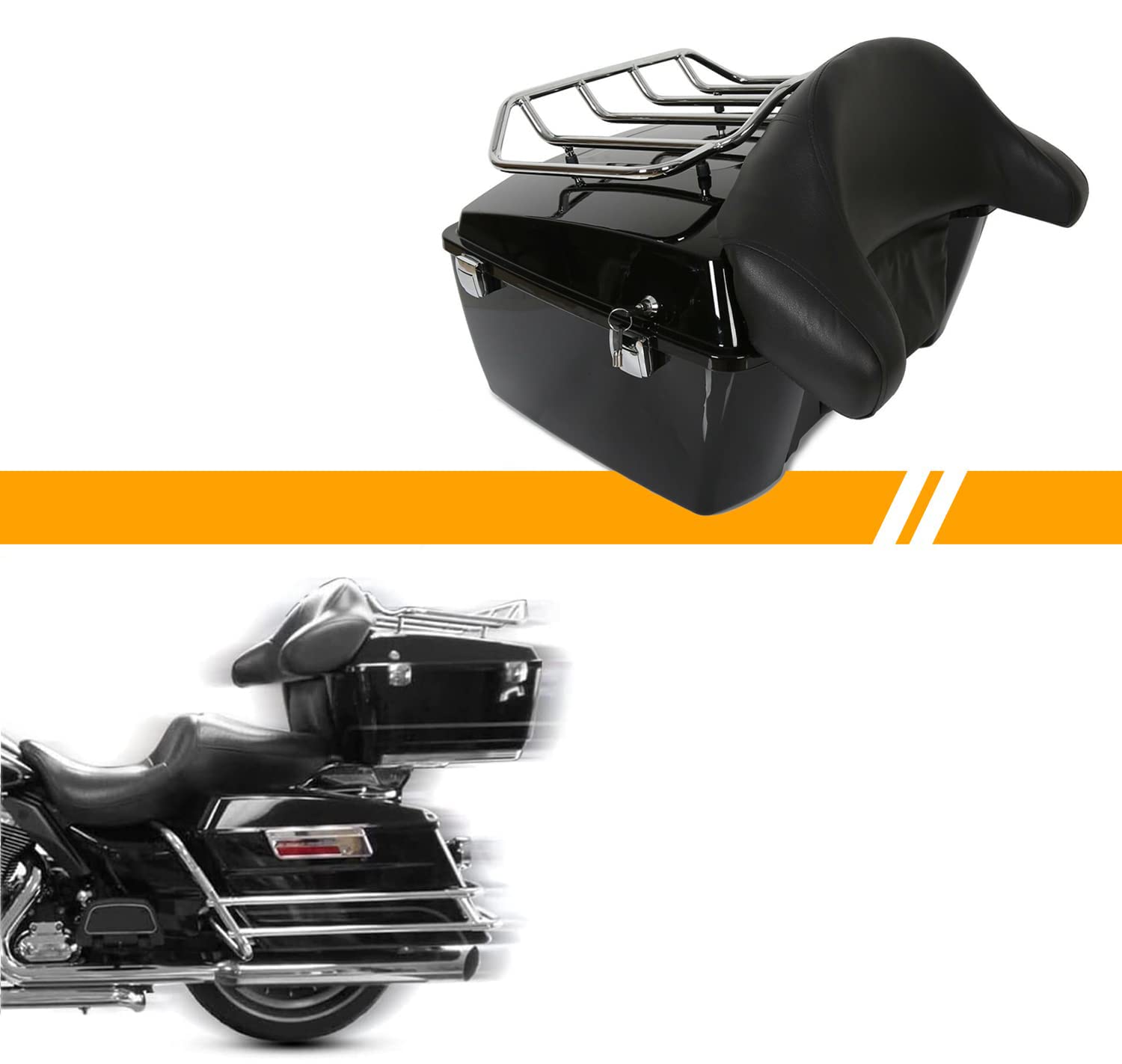 Ecotric King Tour Pack Trunk Luggage W/Top Rack Backrest Compatible With 1997-2013 Harley Touring Road King Electra Glide Road Glide Street Glide