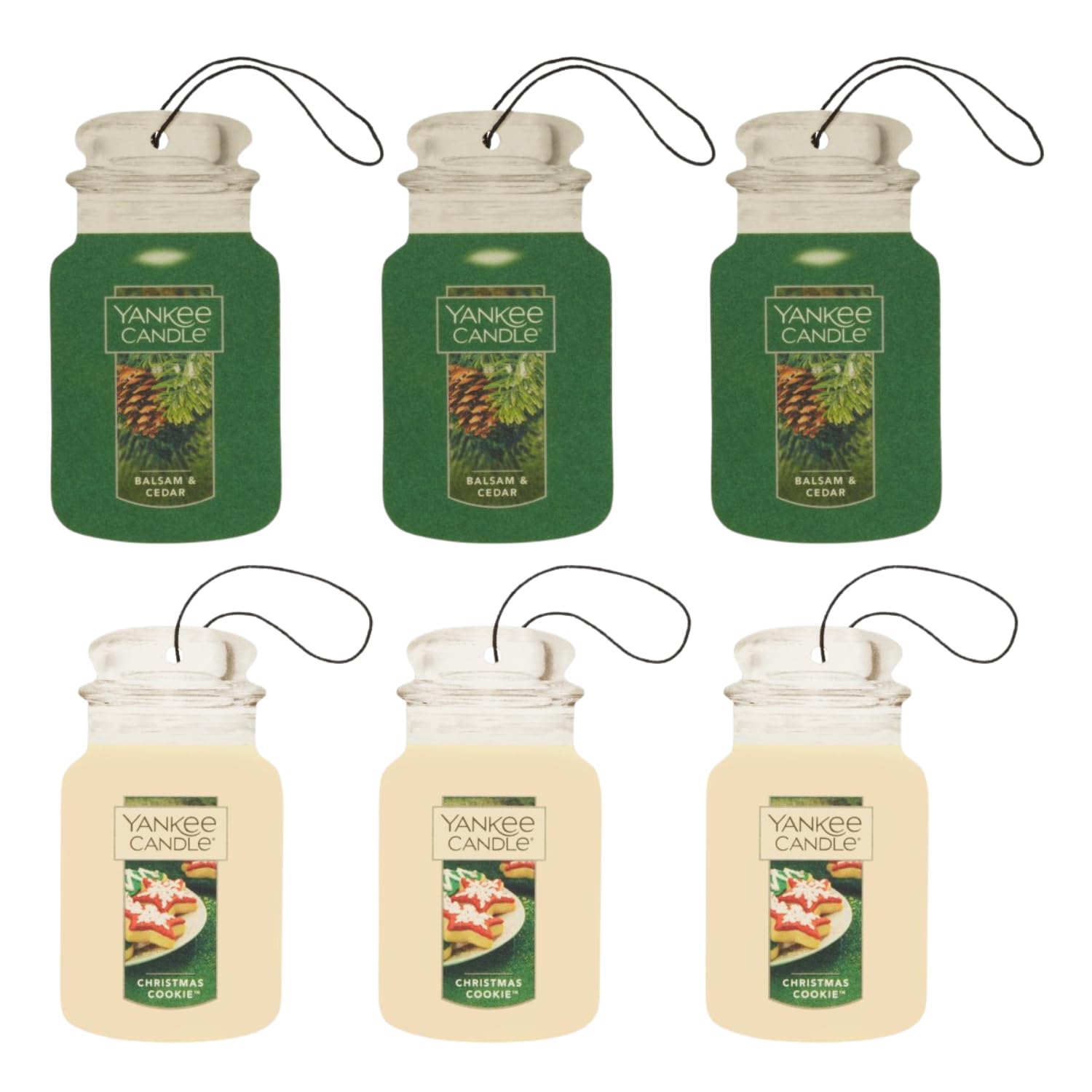 Yankee Candle Christmas Comforts Paper Car Jar, 3 Balsam & Cedar & 3 Christmas Cookie