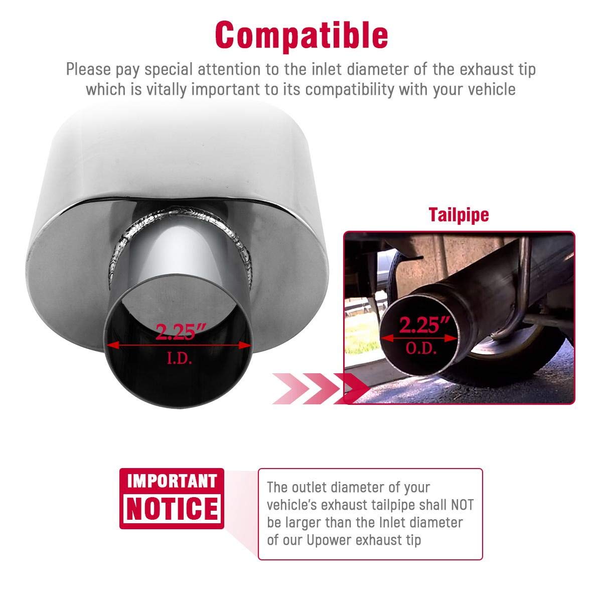 Upower Exhaust Tips 2.25'' Inlet 5.5''x3'' Outlet 9'' Long Stainless Steel Weld-On Rectangle Exhaust Tailpipe Tips