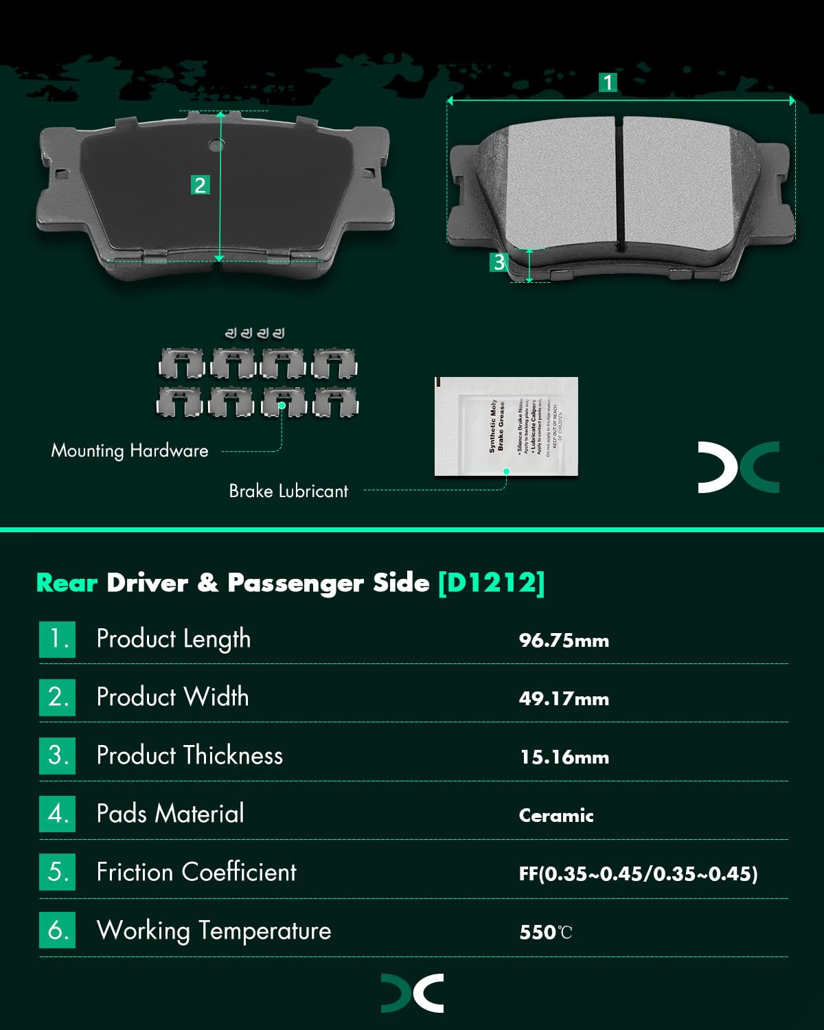 Scitoo D1212 Rear Ceramic Brake Pads Sets Fit For Lexus Es350 07-17,For Pontiac Vibe 09-10,For Toyota Avalon 08-18,For Toyota Ca