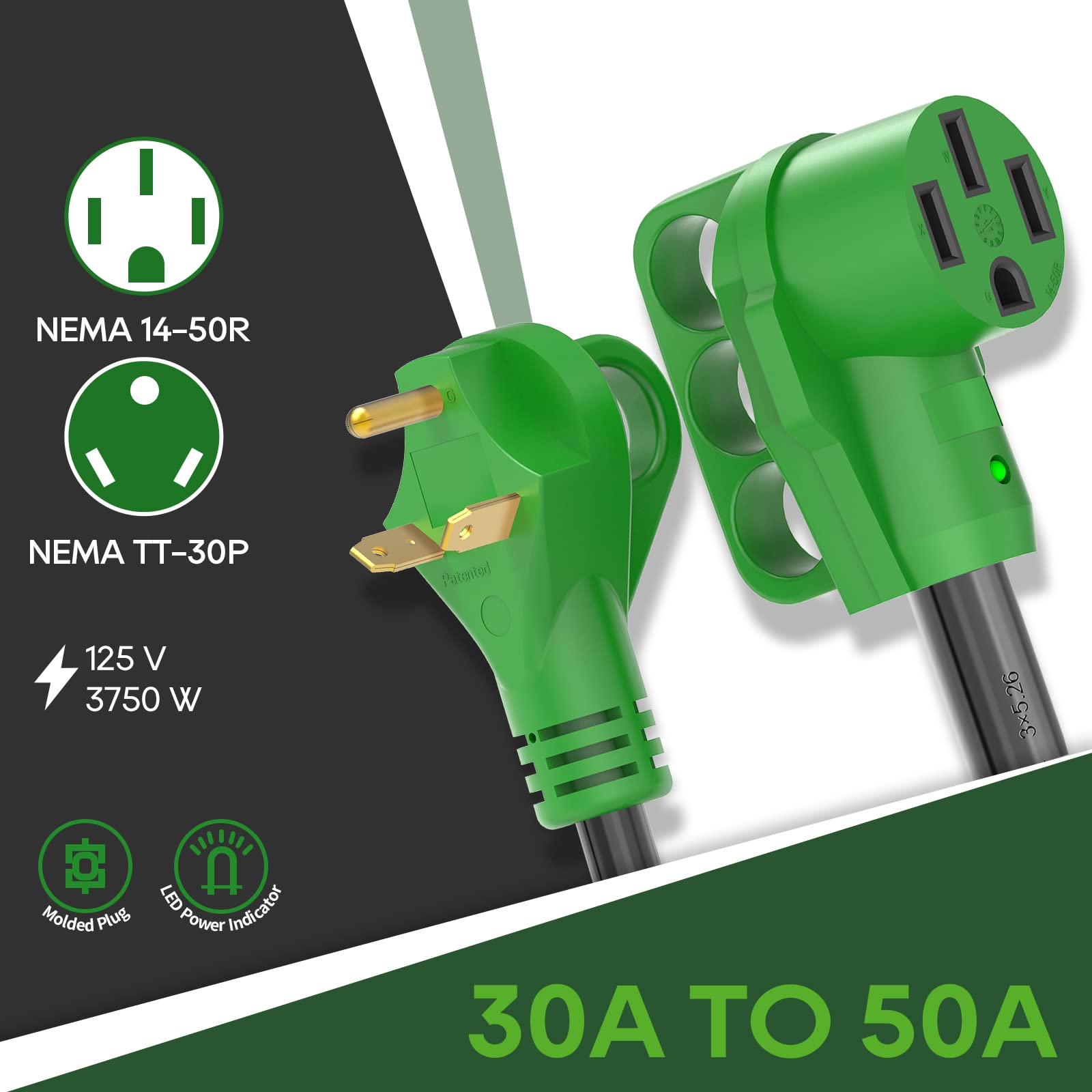 Rvguard 30 Amp To 50 Amp Rv Adapter Cord 12 Inch, Nema Tt-30P To Nema 14-50R, Dogbone Electrical Converter With Led Power Indica