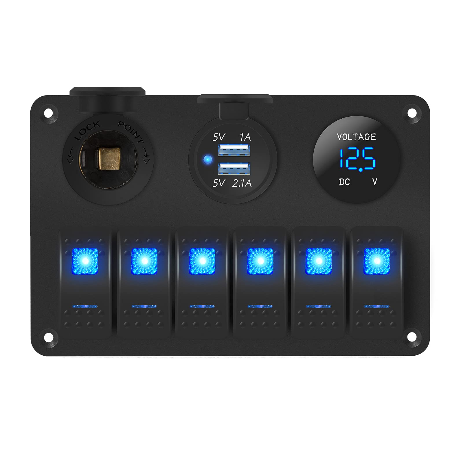 DaierTek 6 Gang Marine Rocker Switch Panel Waterproof 12 Volt, Boat Toggle Switch Panel 12V Blue LED Lighted for Boat Car RV UTV