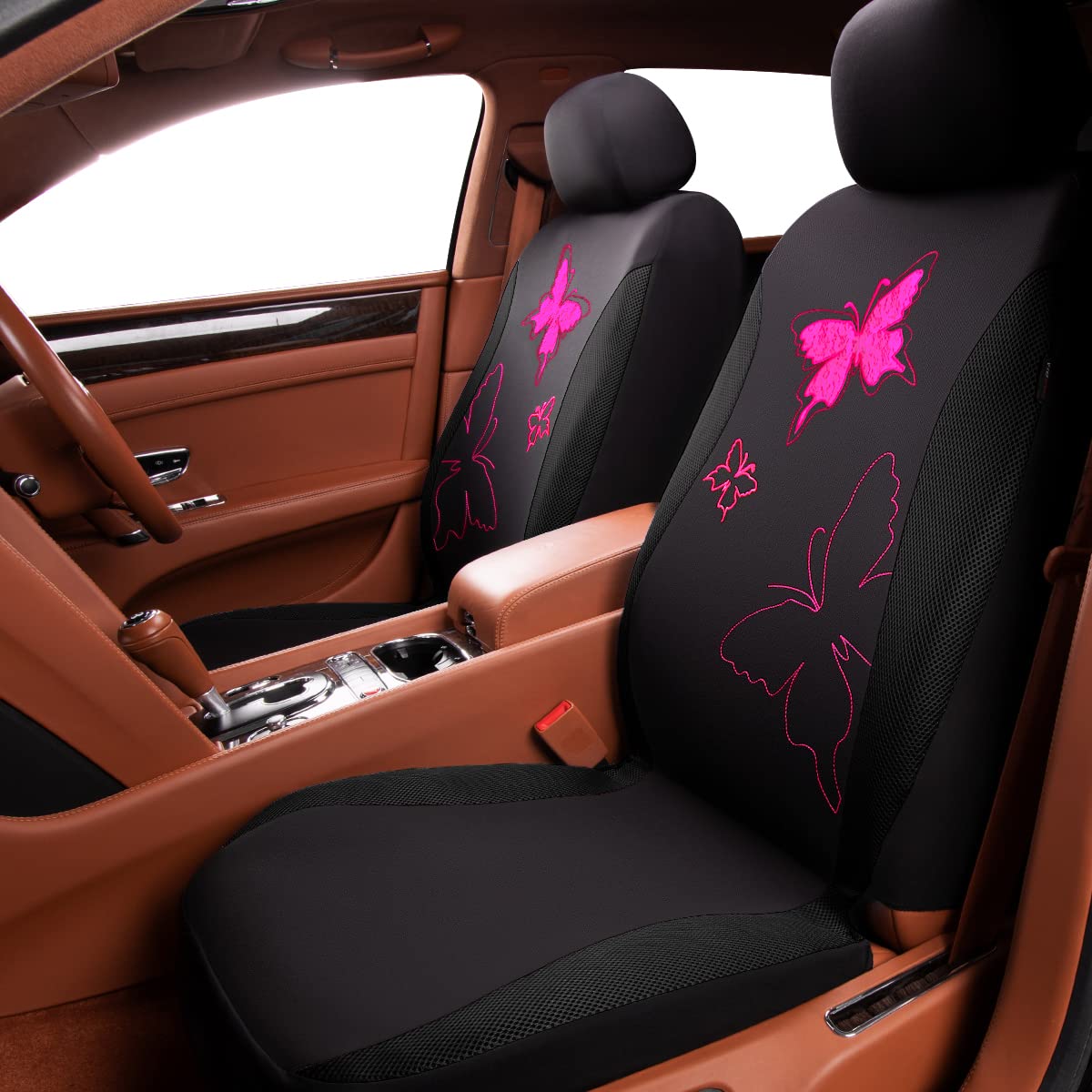 Flying Banner Butterfly Car Seat Covers Ful Set Fashion Universal Lady Woman Female Rear Bench Split Colorized (Black Rose Red,