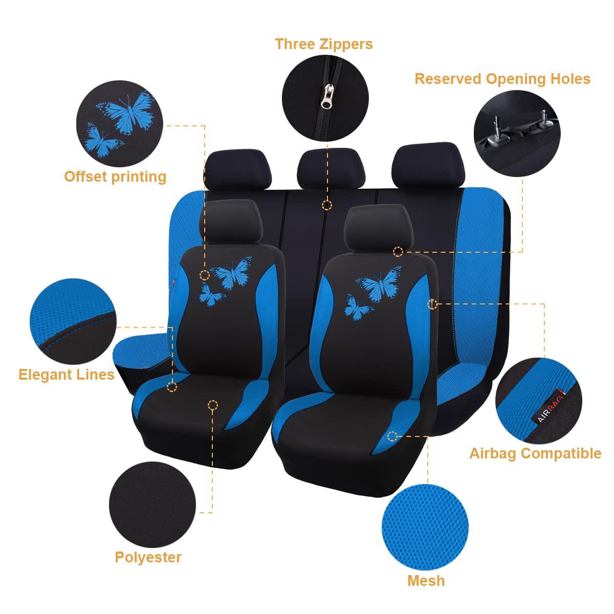 Flying Banner Butterfly Car Seat Covers Ful Set Fashion Universal Lady Woman Female Rear Bench Split Colorized (Full Set, Blue)