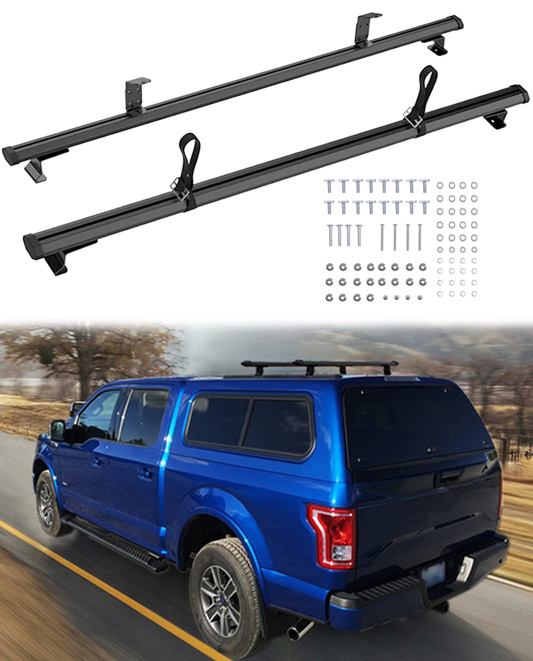 Mountainpeak 500Lb Capacity Pickup Truck Topper Ladder Rack Camper Shell Roof Rack For Van Trailer Truck Cap Rack - 60' Crossbar Aluminum Black