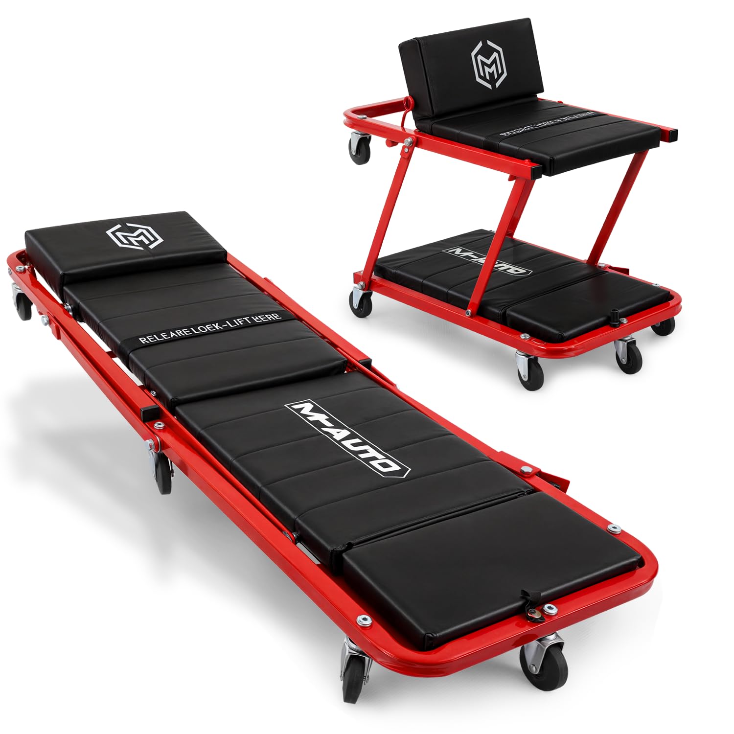 M-AUTO Heavy-Duty Convertible Mechanic Creeper & Seat, 48" Red, 2-in-1 Z-Creeper with Adjustable Headrest & 7 Swivel Casters