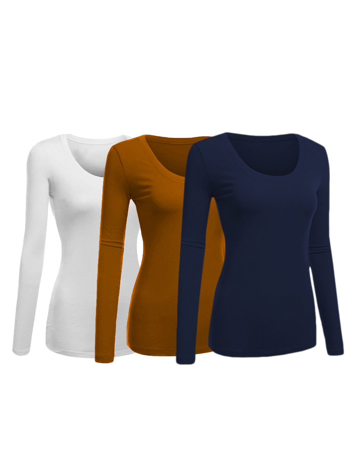 Emmalise Womens Junior And Plus Size Basic Scoop Neck Tshirt Long Sleeve Tee, Large, 3Pk White, Dk Mustard, Navy