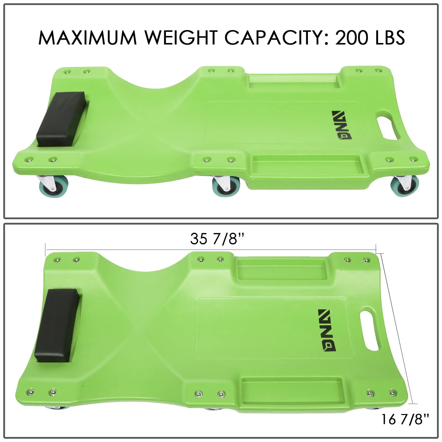 Dna Motoring 40Inch Low Profile Plastic Rolling Garage Shop Creeper With Padded Headrest,Tool Trays & 6Pcs Casters,Green, Tools-