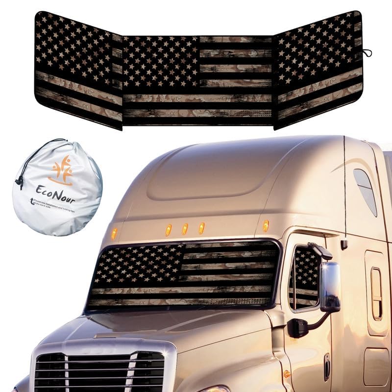 Econour Semi-Truck Printed Sun Shade For Windshield And Side Windows | Vintage Camo Flag 240T Sunshade To Block Uv/Sun Heat Rays