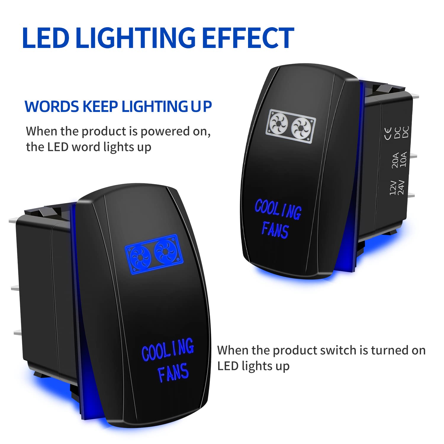 Cooling Fans Rocker Switch 5Pin Laser On/Off Blue Led Light 20A/12V 10A/24V Toggle Switch With Jumper Wires Set For Automotive B