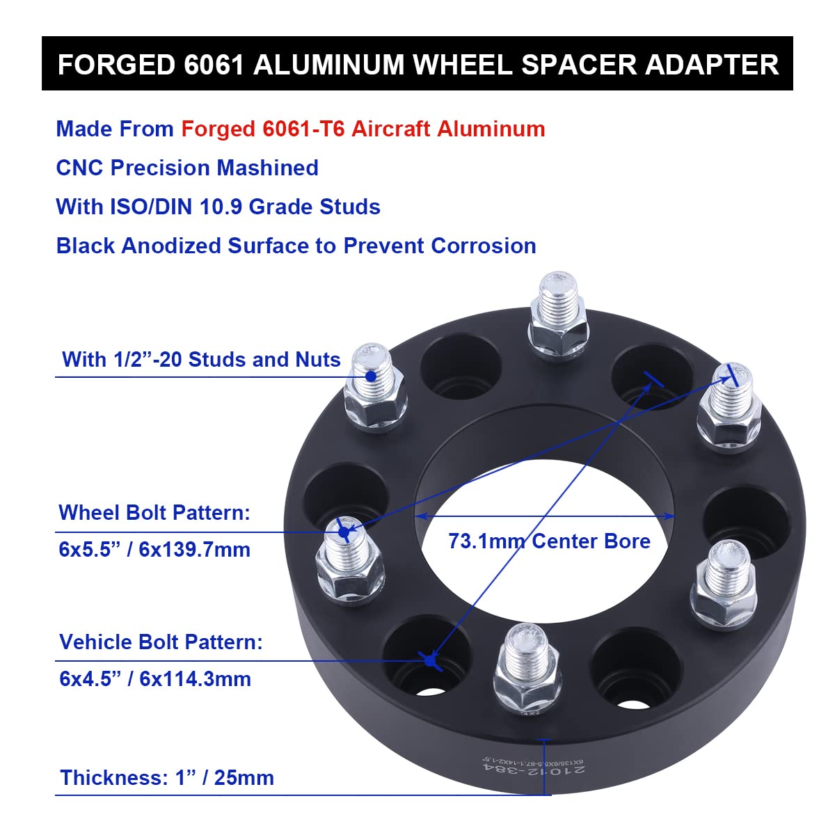 Vlaoschi Black Forged 6X4.5 To 6X5.5 Wheel Adapters 1 Inch With 1/2' Studs Compatible With Dodge 6 Lug 6X114.3 To 6X139.7 For 1991-2004 Dakota | 1998-2003 Durango | 1993-2010 Viper - Pack Of 4