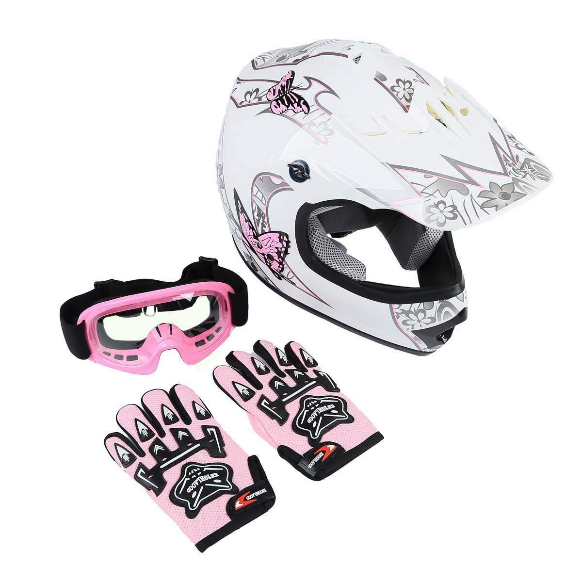 SLMOTO Youth Motocross Helmet, X-Large, Pink Butterfly Design, ABS Material with Goggles & Gloves