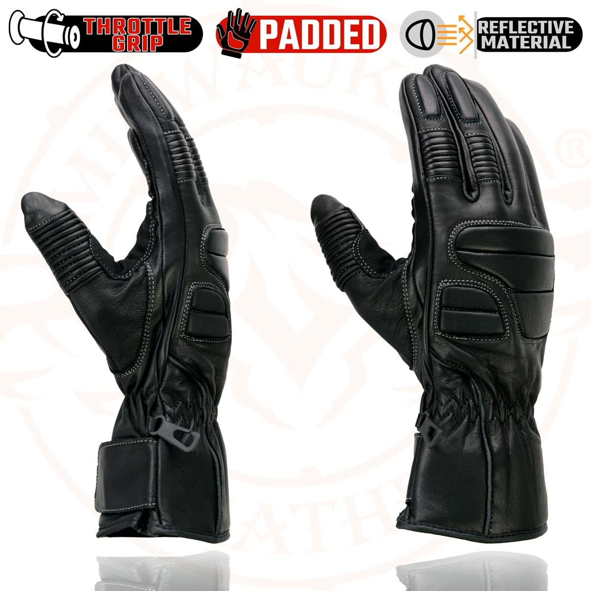 Milwaukee Leather SH607 Men's Black Leather Gauntlet Padded Back Racing Motorcycle Hand Gloves W/Reflective Piping. - Large