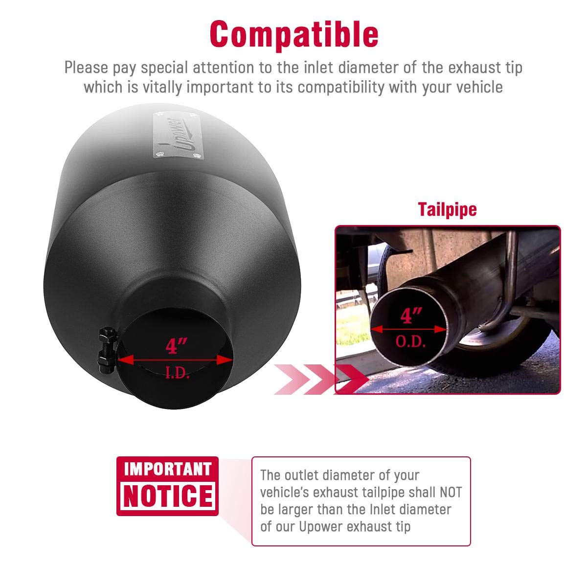 Upower Exhaust Tips 4 '' Inlet 10 '' Outlet 15 '' Black Long Stainless Steel Bolt-On