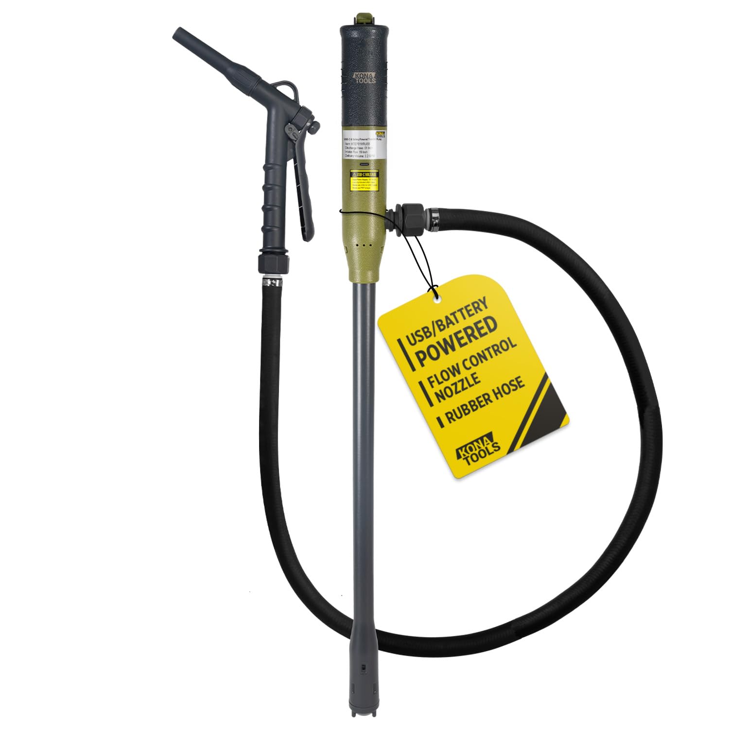 KONA TOOLS Portable Fuel Transfer Pump w/Rubber Hose KTEP01MRUSB - Battery & USB-C Powered | Safety Nozzle, Heavy Duty 4.3ft Hos