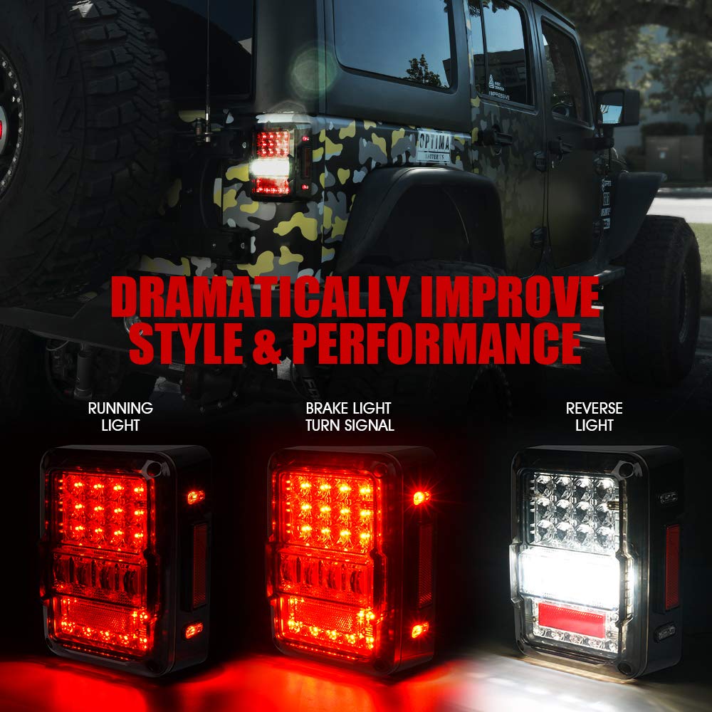 Xprite Smoked Lens 4D Led Tail Lights Compatible With Jeep Wrangler Jk/Jku 07-18 | Plug & Play, Resistor | Brake Signal, Reverse
