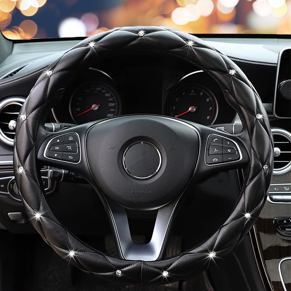 Yogurtck Diamond Soft Leather Anti-Slip Steering Wheel Cover With Bling Bling Crystal Rhinestones, Universal 15 Inch For Women Girls, Fit Vehicles, Sedans, Suvs, Vans, Trucks - Black
