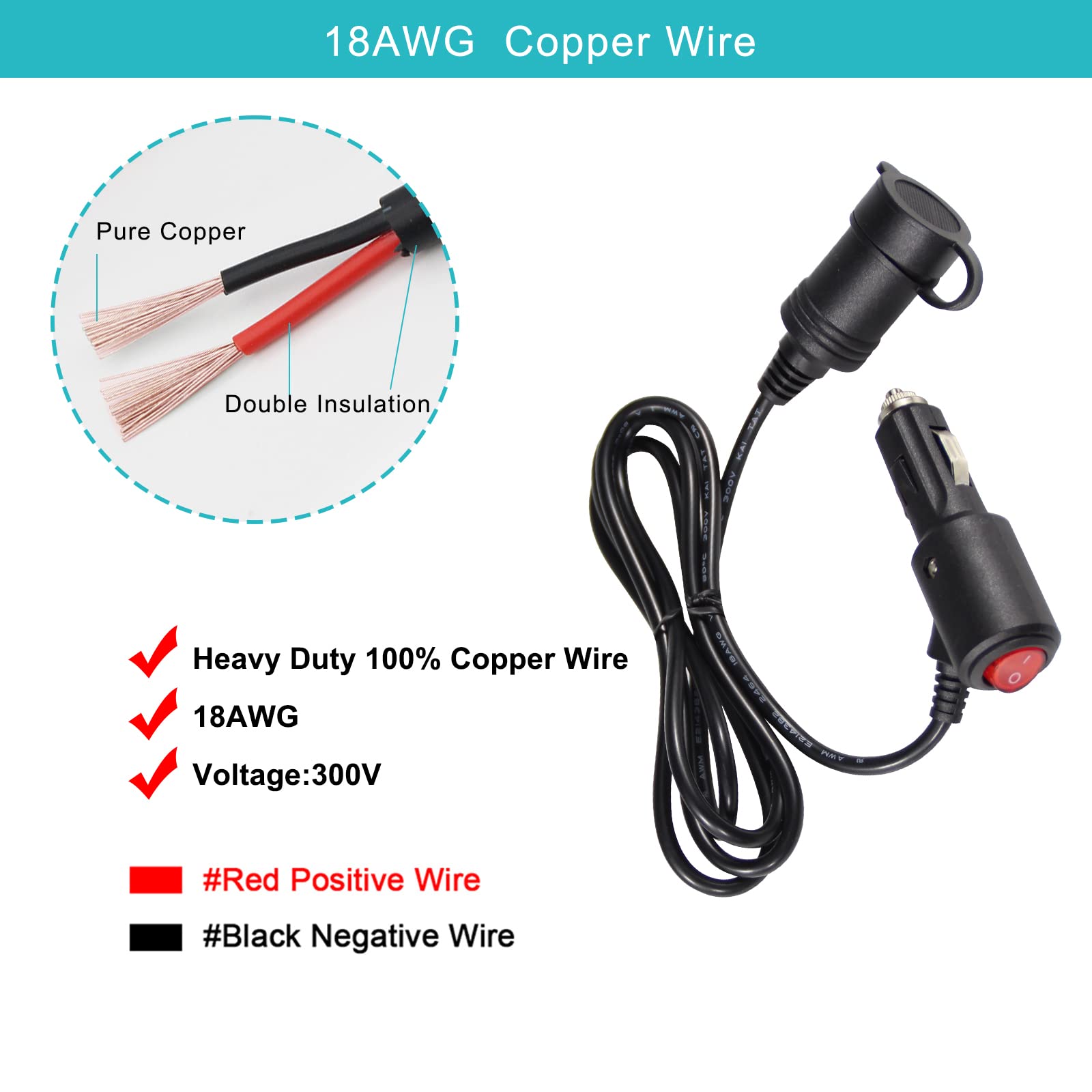 SPARKING 5FT Cigarette Lighter Extension Cord - Heavy Duty 18AWG with On/Off Switch & 15A Fuse, Model SP-0829