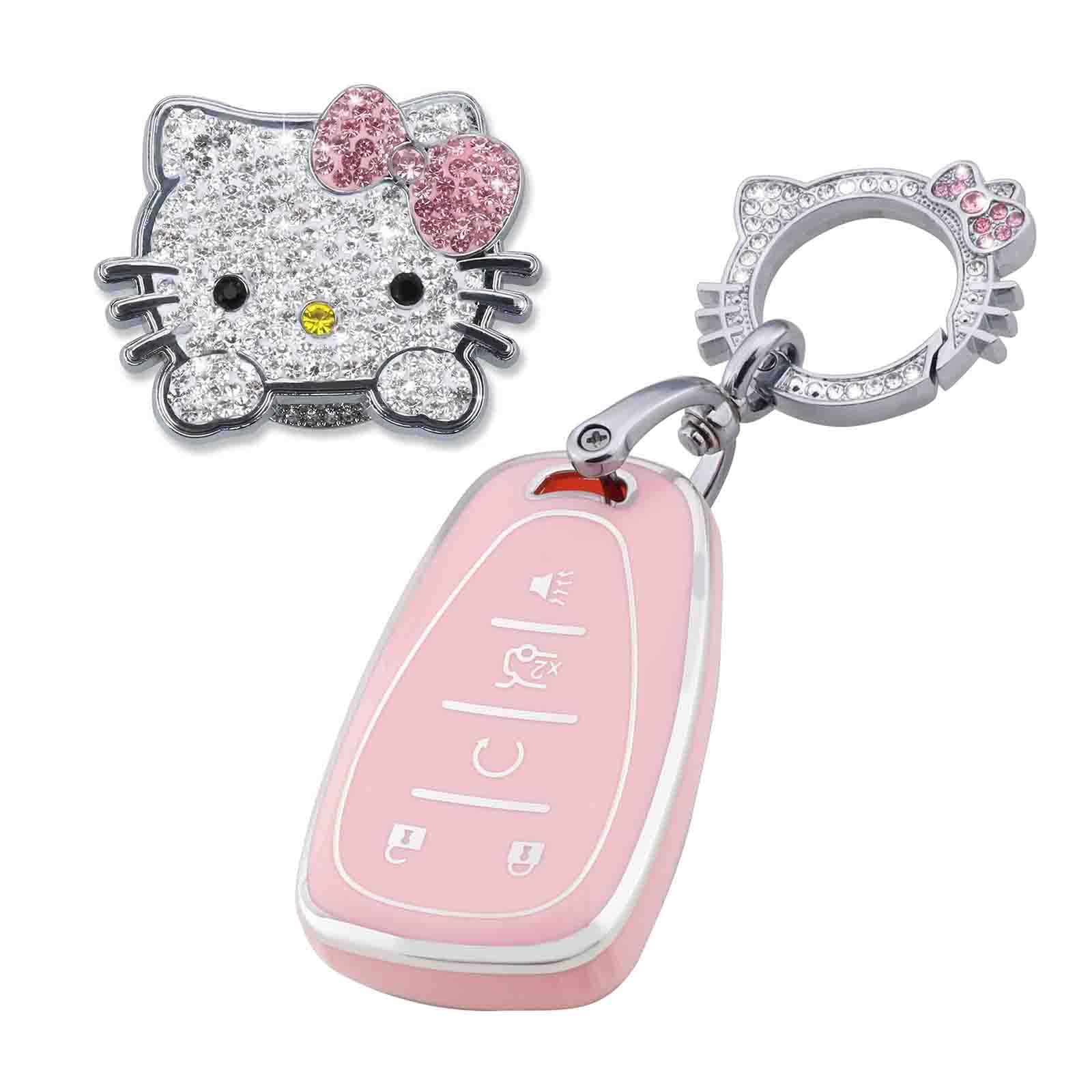 Pangpai Pink Car Accessories 3 Pcs For 5 Buttons Chevy Chevrolet Equinox Malibu Camaro Traverse Key Fob Cover With Bling Keychai