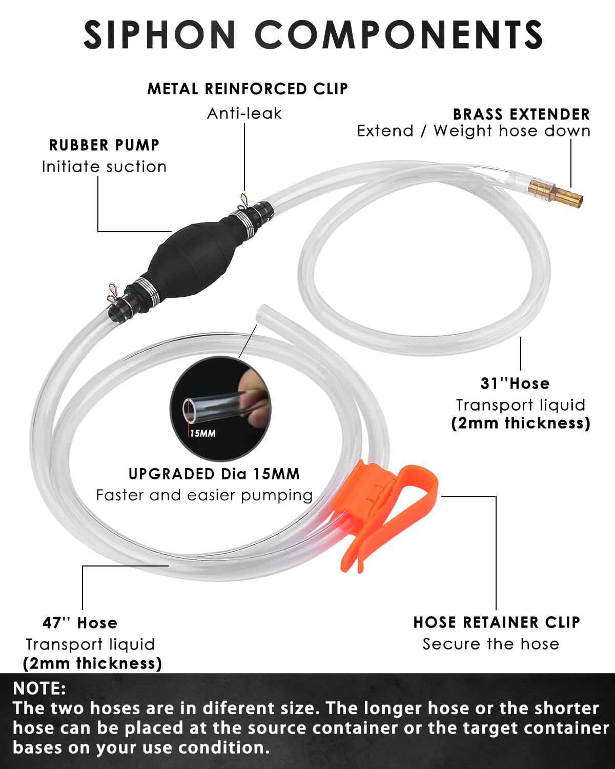 Katumo Siphon Pump, Upgraded 15Mm Enlarged Caliber Gasoline Siphon Hose Siphon Fuel Hand Pump For Gasoline, Oil, Diesel & Water