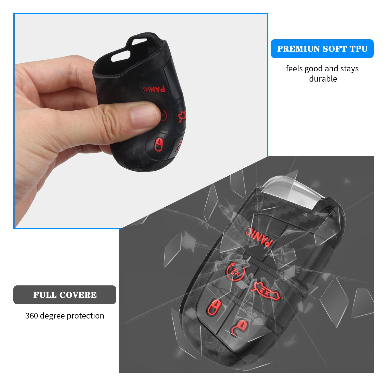 Qbuc For Dodge Key Fob Cover 5 Buttons Silicone Key Fob Cover For Chrysler Grand Cherokee Dodge Ram Carbon Fiber Car Key Fob Cov