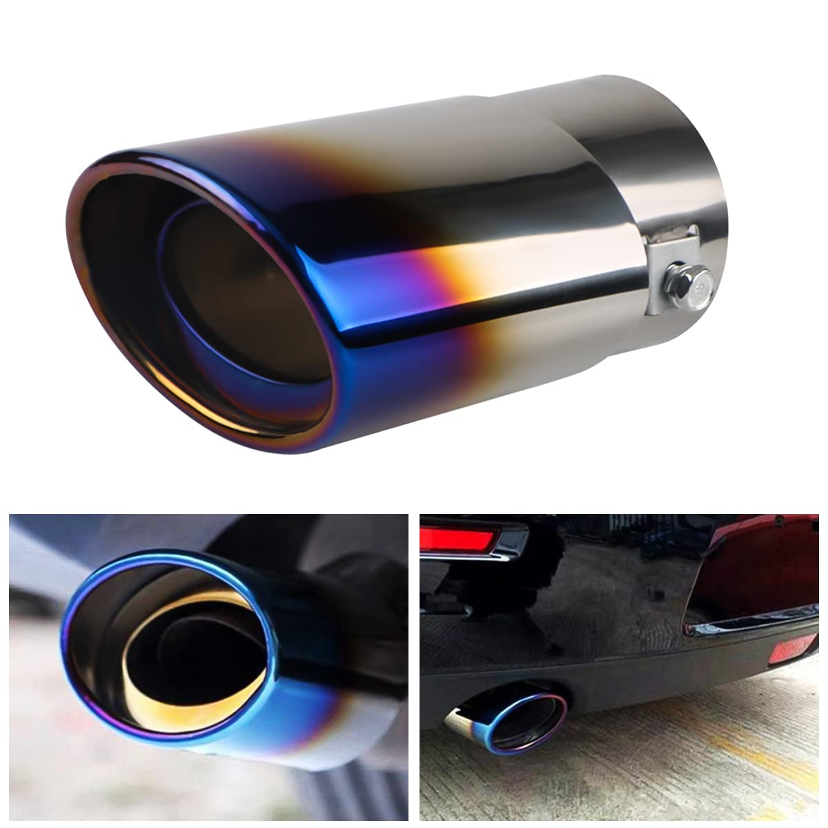 Stainless Steel Car Exhaust Tip, 2.5 To 3.3 Universal Car Exhaust Pipe Modification Tail Throat Tail Pipe, Steel Exhaust Tips Chrome-Plated Finish Tailpipe (Blue/A Style)