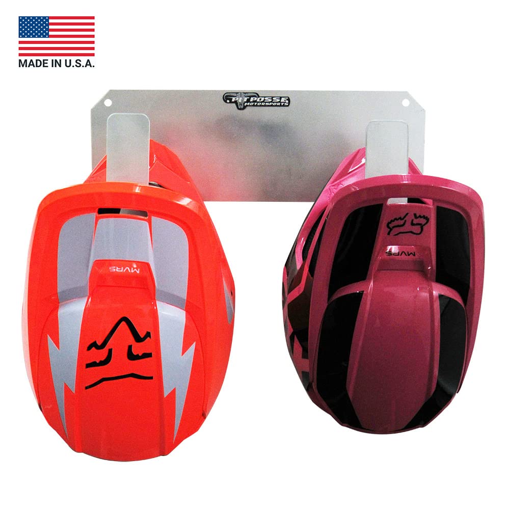Pit Posse PP125 Dual Helmet Rack Holder Enclosed Race Trailer Garage Shop - Made in USA - Aluminum Storage Organizer Hanger Motorcycle ATV Bike Snowmobile Helmets - Double Utility Hook (Silver)