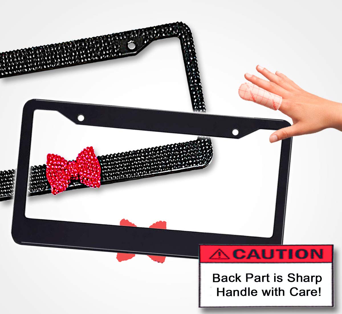 Zento Deals Shiny Bling Women License Plate Frame- Crystal BlackRhinestones with Red Ribbon Bow- 2-Pack Premium Quality License