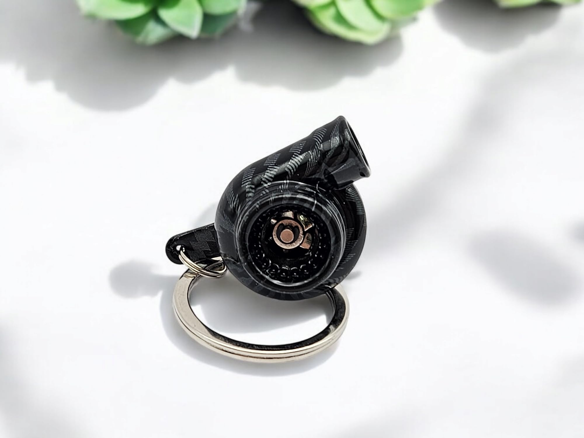 Gt//Rotors Carbon Fiber Turbo Keychain Metal Spinning Turbocharger Automotive Mini Car Part Keychain Key Ring (Bonus: 3Ft Mini T