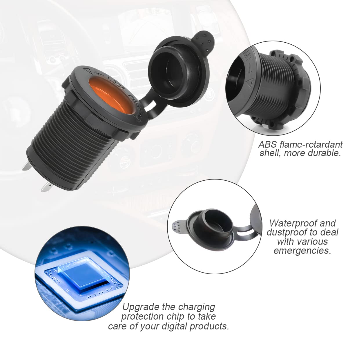 8sanlione 12V/24V Waterproof Car Cigarette Lighter Socket - Dustproof Power Outlet for Automotive, Boat, Motorcycle, ATV, RV, Truck (Orange)