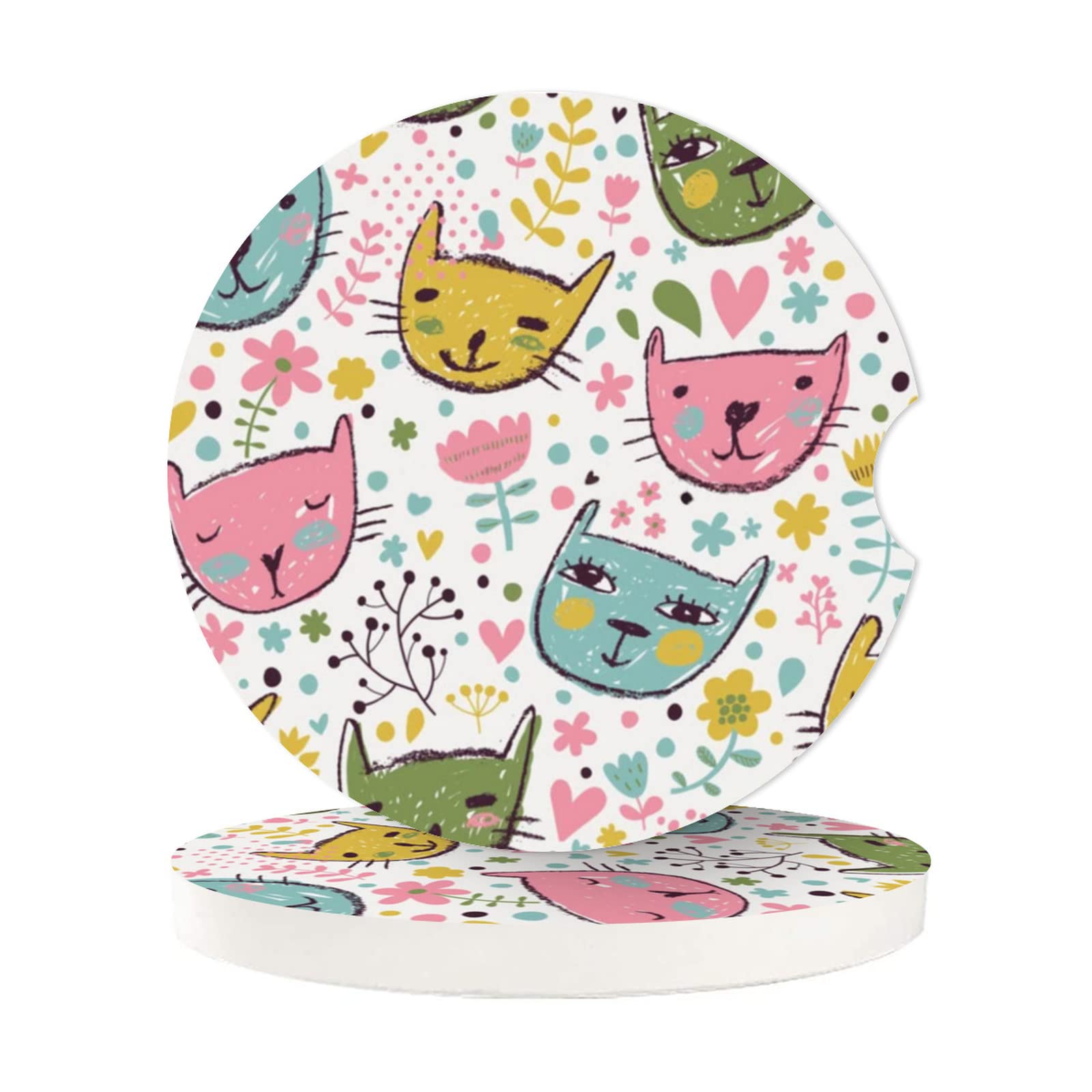 Abstract Cute Cat Absorbent Car Cup Coasters,Cup Holders,Cork Base Drink Coasters With Finger Notch For Easy Move Of Car Cup Hol