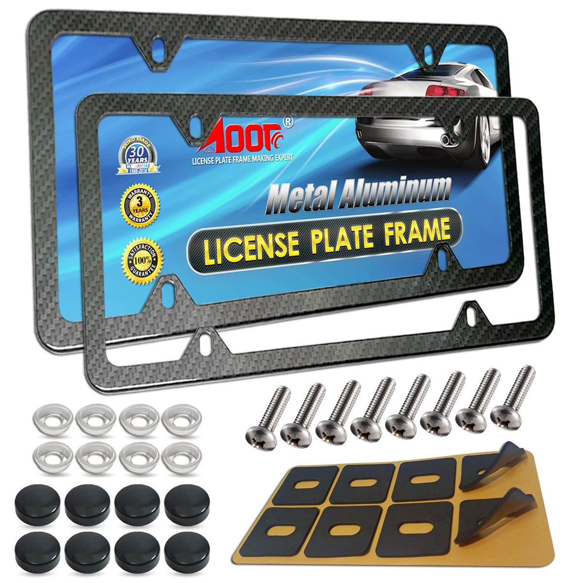 Aootf License Plate Frame Carbon Fiber -Aluminum License Plate Frame Printing Carbon Fiber Pattern & Frame Screw Kits Fine Slim Standard Size For Usa Car (Aluminum Frame Carbon Fiber-4 Hole-2Pc)