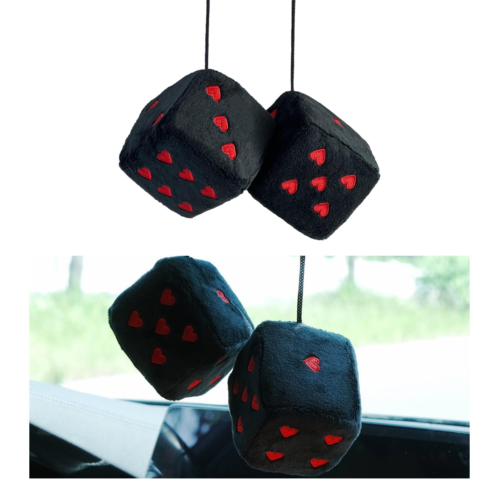Ziciner Pair Fuzzy Plush Dice for Car Mirror, 3'' Retro Square Dice with Heart-Shape, Universal Auto Rearview Mirror Hanging Orn